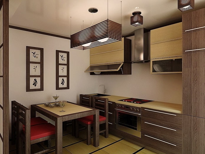 mēbeles un ierīces virtuves interjerā japāņu stilā