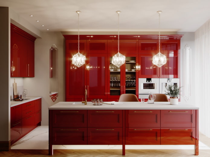 interiér kuchyne v červených tónoch