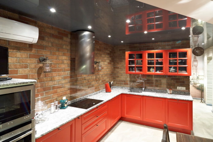 nội thất nhà bếp kiểu gác xép màu đỏ