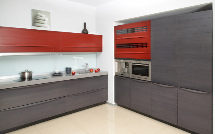 dalaman dapur merah dengan gaya minimalis