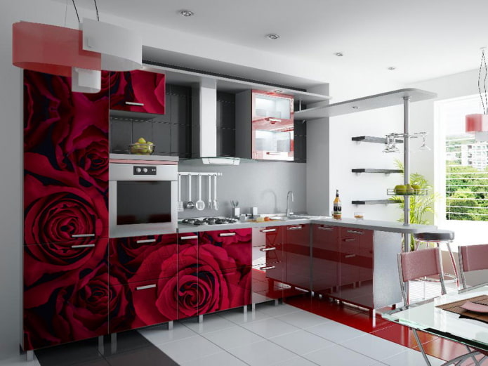 dalaman dapur merah dengan gaya moden