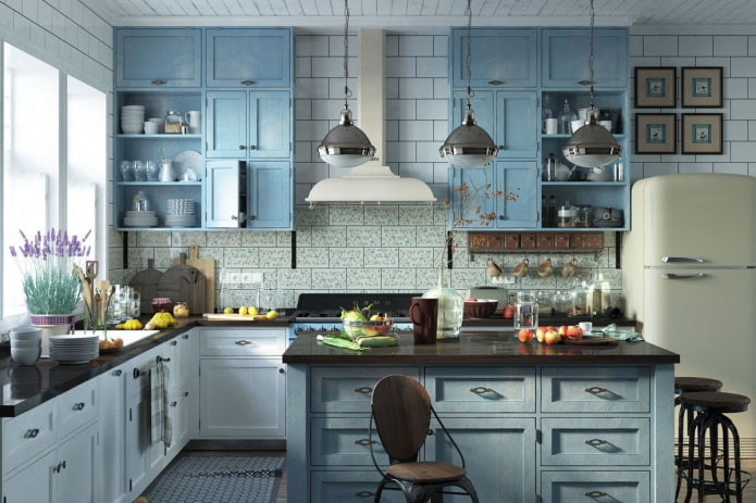 Provansas stils zilas virtuves interjerā