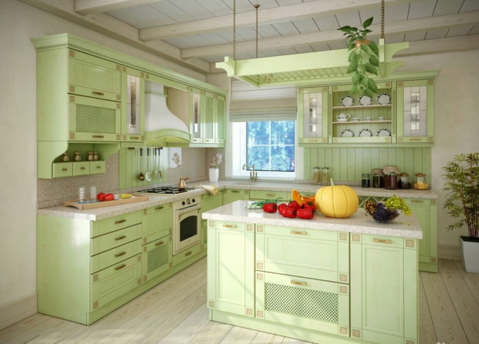 Provence-tyyli vihreän keittiön sisätiloissa