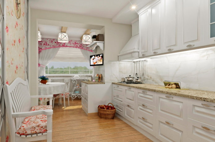 Provence-tyyli valkoisen keittiön sisätiloissa