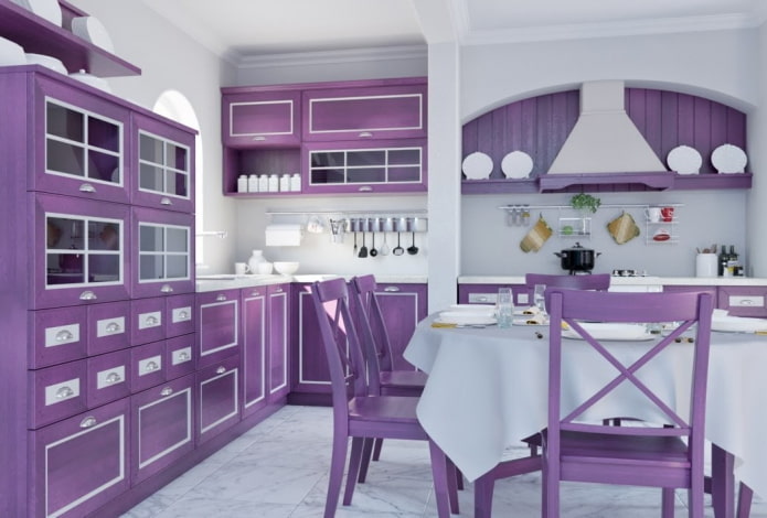 Provence-tyyli lila-keittiön sisätiloissa