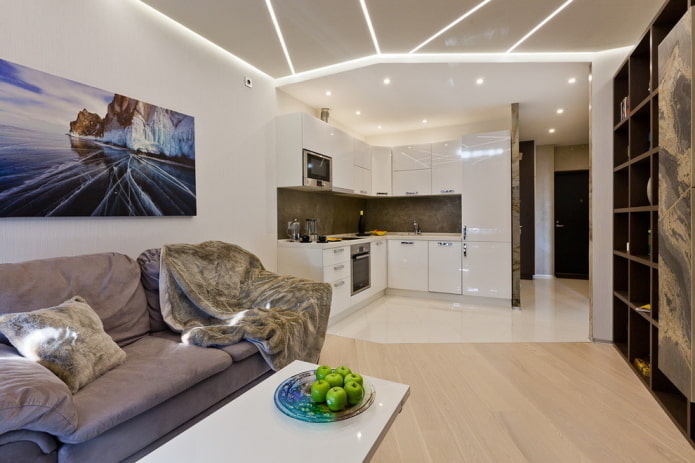 zónovanie s viacúrovňovými štruktúrami v interiéri kuchyne-obývacia izba