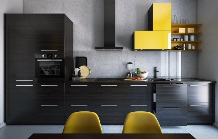 pilkos ir juodos spalvų virtuvės interjeras