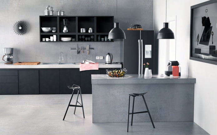 keittiön sisustus harmailla ja mustilla väreillä