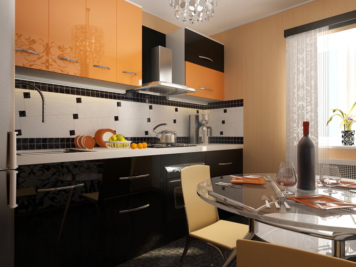 interiér kuchyně v černé a oranžové barvě