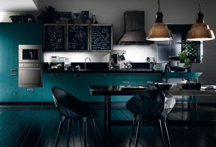 virtuves interjers melnā un tirkīza krāsās