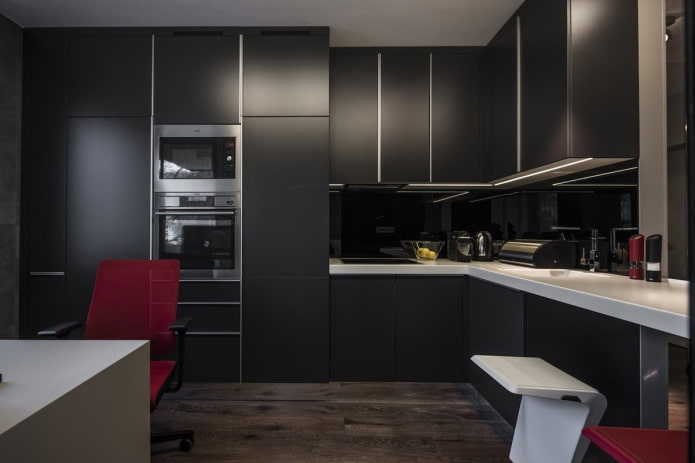 modernaus stiliaus juodų tonų virtuvė
