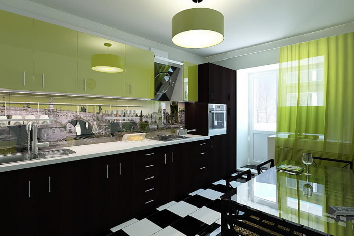 interiér kuchyne v čiernej a svetlozelenej farbe