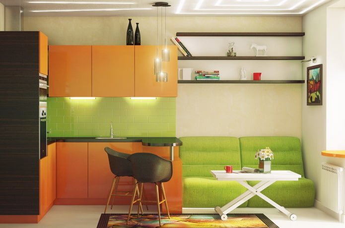 interiér kuchyne v oranžových a svetlozelených tónoch