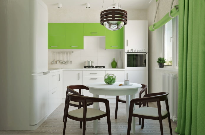 valaistus ja sisustus keittiön sisätiloissa vaaleanvihreillä sävyillä