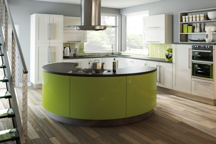 šviesiai žalios modernios virtuvės interjeras