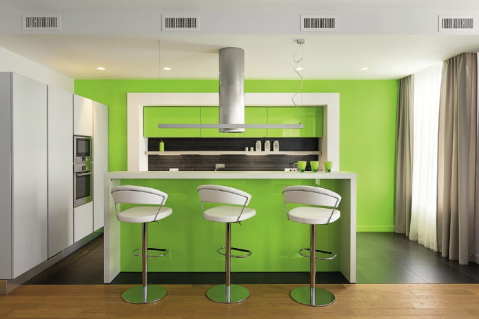 huonekalut ja kodinkoneet keittiön sisätiloissa vaaleanvihreinä sävyinä