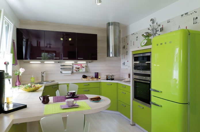 nábytek a spotřebiče v interiéru kuchyně ve světle zelených tónech