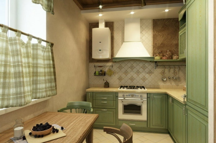кухненски интериор в бежови и зелени тонове