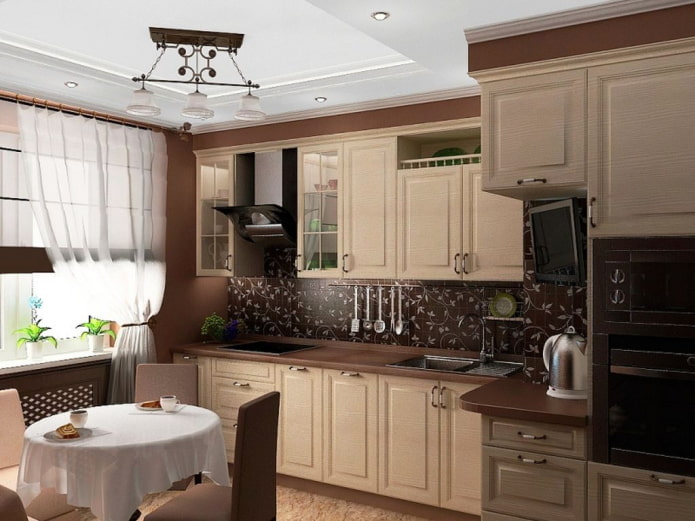 smėlio ir rudos spalvos virtuvės interjeras