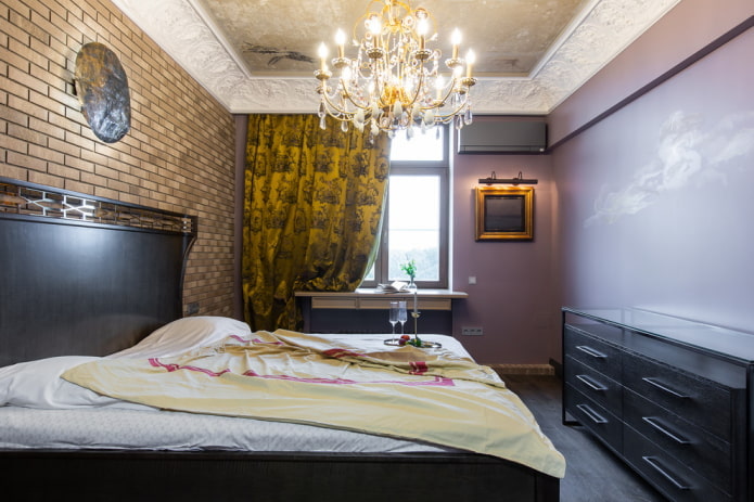 sypialnia w stylu industrialnym z klasycznymi elementami