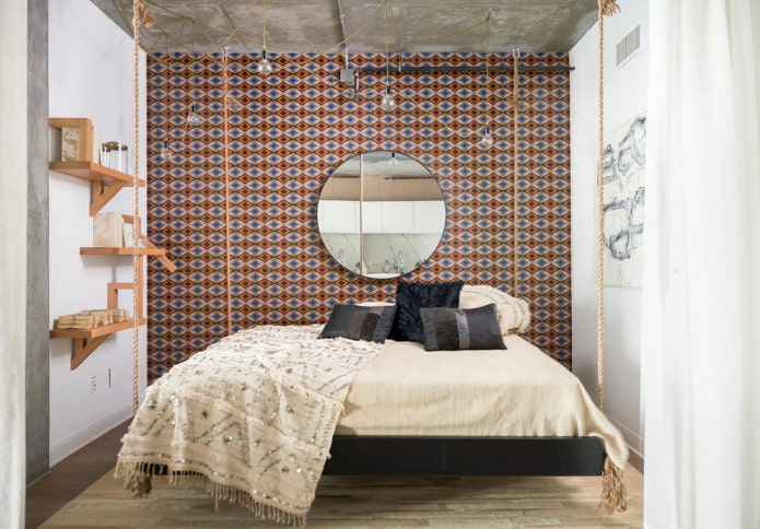 textile și decor în interiorul dormitorului în stil industrial