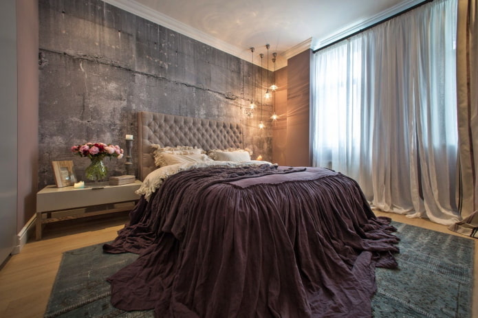 текстил и декор в интериора на спалнята в индустриален стил