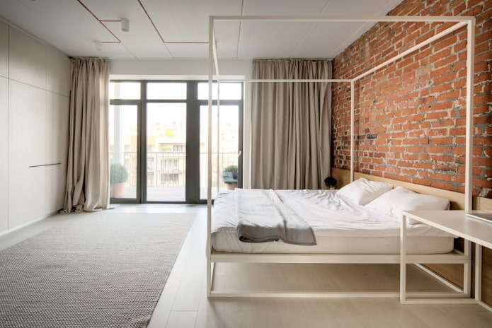bilik tidur dalam gaya perindustrian dengan elemen minimalis