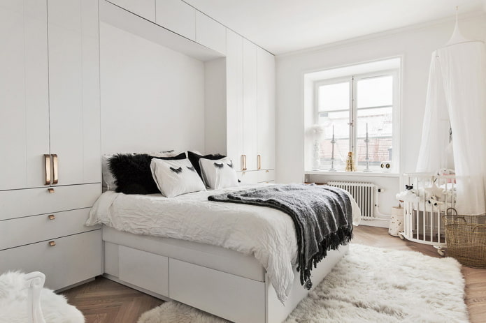 İskandinav tarzında yatak odasında mobilya
