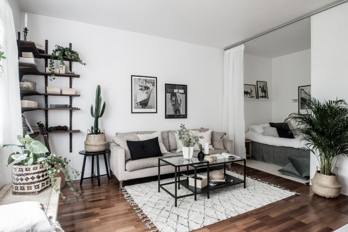 Dizajn spálne-obývacej izby v škandinávskom štýle