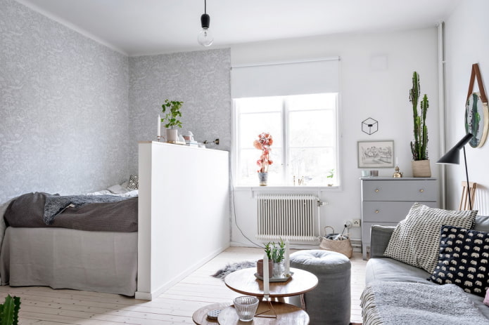 İskandinav tarzı yatak odası-oturma odası tasarımı