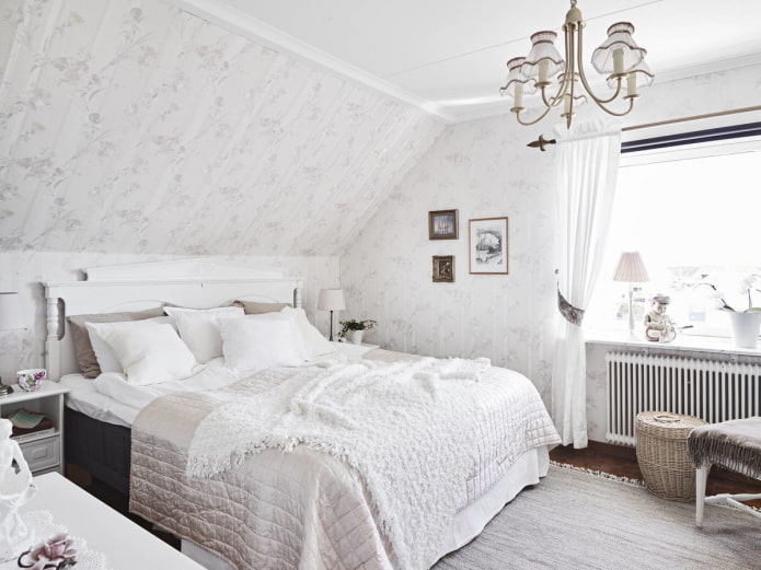 valkoinen Provence-tyylinen makuuhuoneen sisustus