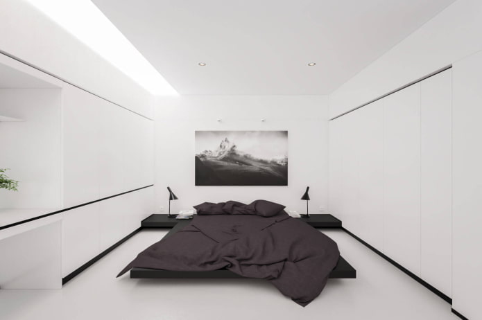 bílý interiér ložnice ve stylu minimalismu
