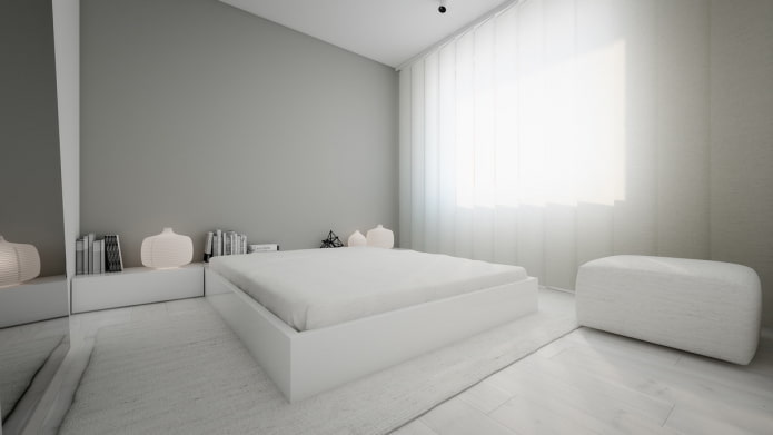 غرفة نوم داخلية بألوان بيضاء ورمادية