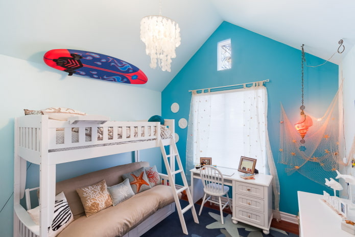 trang trí và dệt may trong nội thất của nhà trẻ theo phong cách biển