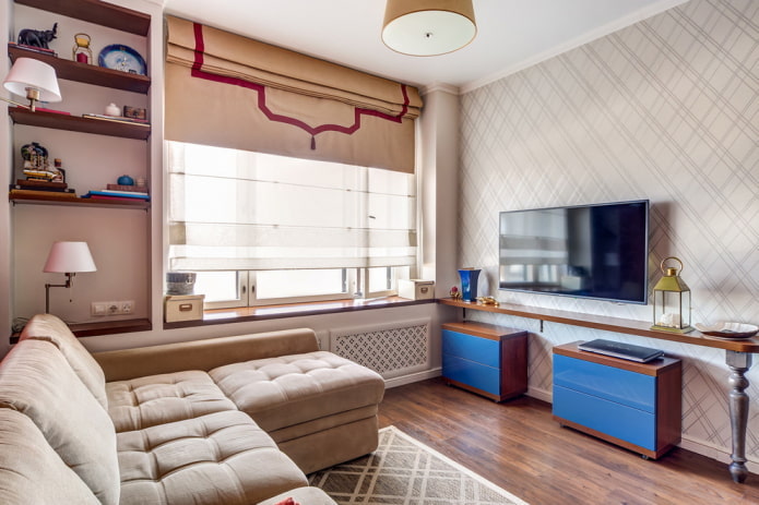 dekor a textilie v interiéru malého obývacího pokoje