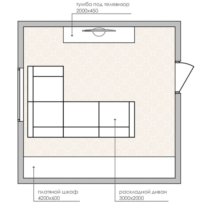mažo dydžio svetainės su kampine sofa išdėstymo schema