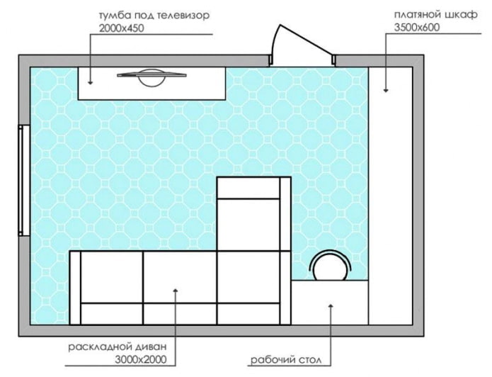 schéma d'aménagement d'un petit salon avec un canapé d'angle