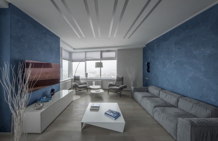 interiér obývacího pokoje v šedo-modrých odstínech