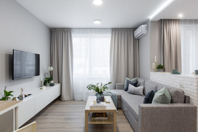 interiér obývacej izby v sivých a bielych odtieňoch
