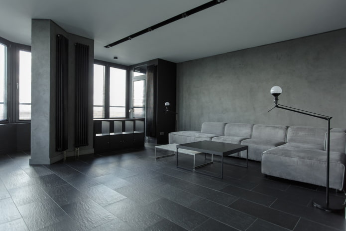 interiér šedého obývacího pokoje ve stylu minimalismu