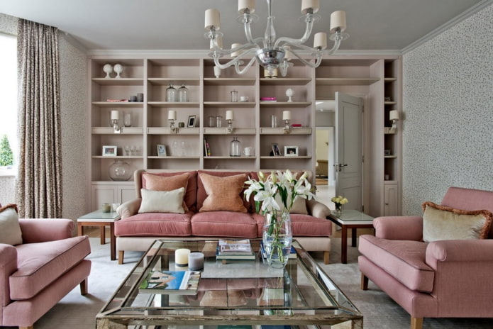 woonkamer interieur in grijs-roze tinten