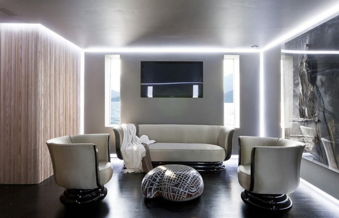 interiér v šedém obývacím pokoji v high-tech stylu