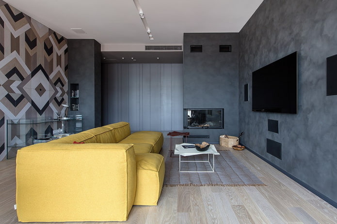 design interiéru obývacího pokoje v odstínech šedé