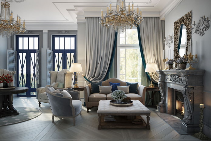 šedý interiér obývacího pokoje v klasickém stylu