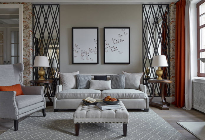 neoklasický šedý interiér obývacího pokoje