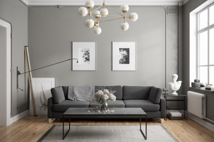 design interiéru obývacího pokoje v odstínech šedé