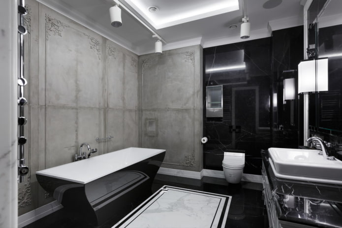 juodos ir pilkos spalvos vonios kambario interjeras