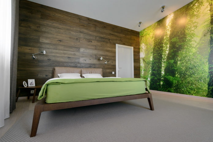 rudai žalias miegamojo interjeras