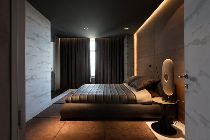 minimalizmo stiliaus rudo miegamojo interjeras
