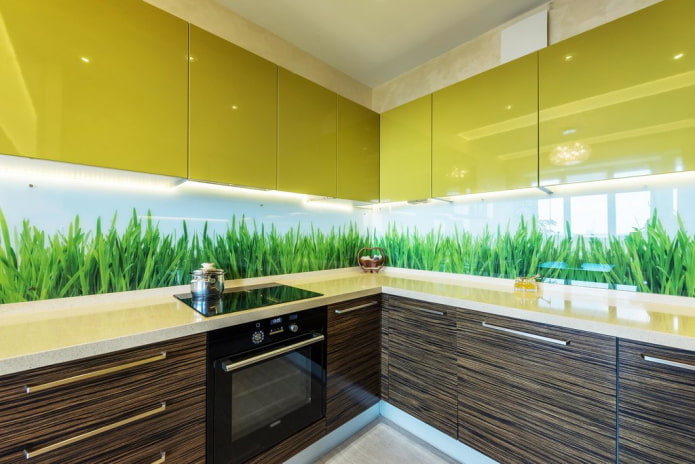 virtuvės dizainas žaliai rudais tonais